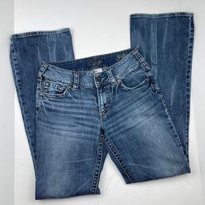 Y2K Bootcut Silver Jeans Embroidered Faded Denim Suki Distressed Women's Size 27